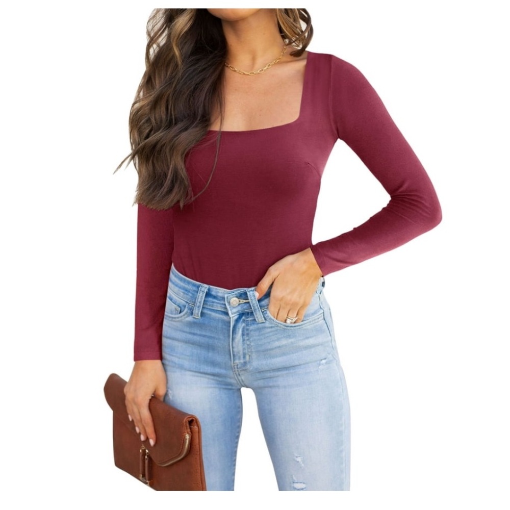 REORIA Womens Sexy Square Neck Double Lined Long sleeve Bodysuit Tops Jumpsuits